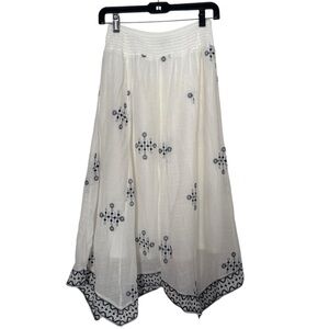 J Gee White Blue Embroidered Scarf Hem Smocked Waist Skirt Small Boho Hippie
